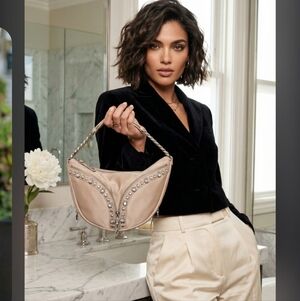 Versace Repeat Hobo Beige Satin Top Handle Bag with Crystral Stones